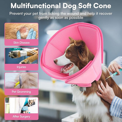 Queennmore Soft Dog Cone for Small Dogs,Adjustable Comfy Dog Cones Collar Alternative for Post-Surgery Wound Healing,Cone for Dogs to Stop Licking,Pink,S