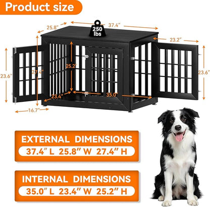 Snuowu 38" Heavy Duty Dog Crate Furniture for Small,Medium and Large Dogs,Rustic Wooden Dog Cage Kennel Indoor Furniture with Waterproof Top,Decorative Pet House Side End Table (Black)