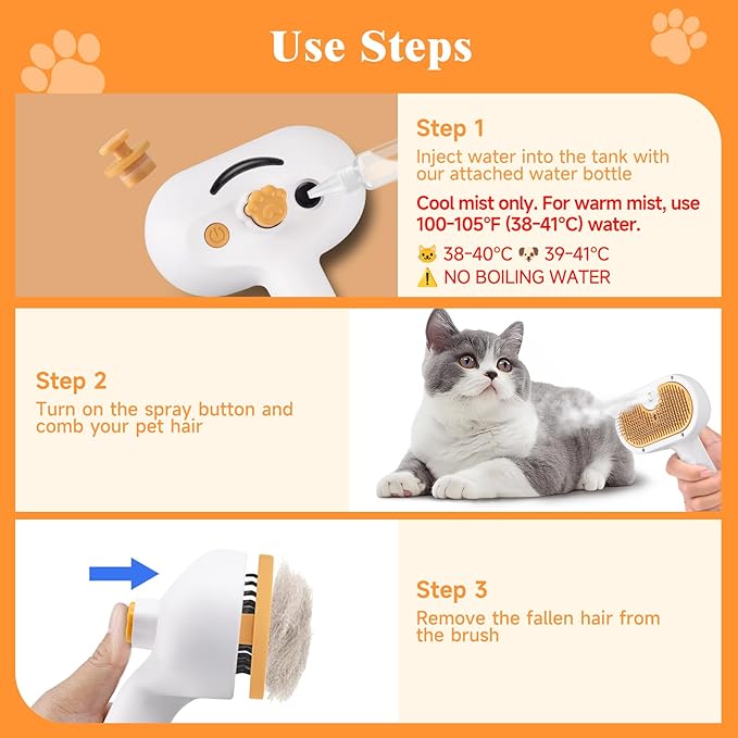 3-in-1 Pet Steam Brush Set for Dogs & Cats, Grooming Comb with Spray, Defur Tool, Water-Assisted Hair Removal, Gentle Cat & Dog Spritz Brush, Multi-Purpose Steam Grooming Kit