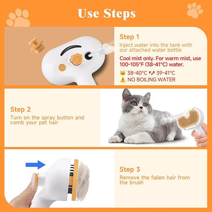 3-in-1 Pet Steam Brush Set for Dogs & Cats, Grooming Comb with Spray, Defur Tool, Water-Assisted Hair Removal, Gentle Cat & Dog Spritz Brush, Multi-Purpose Steam Grooming Kit