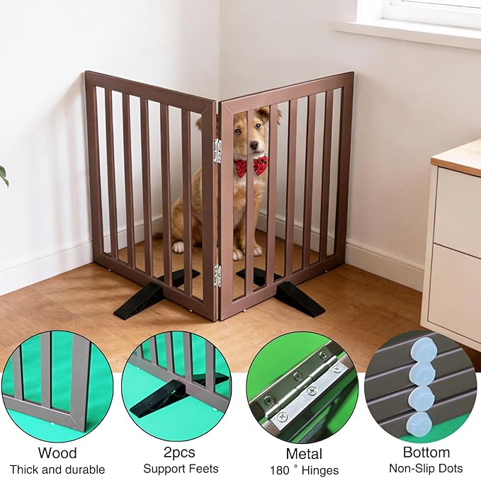ZJSF Freestanding Indoor Dog Gate for House Foldable Wood Puppy Gate for Doorways Pet Gate for Stairs Extra Wide Pet Fence, Brown, 24" Height 2 Panels