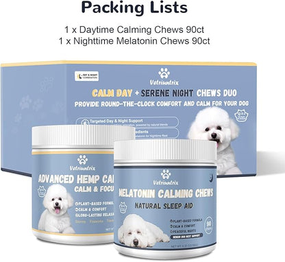 Calming Chews with Melatonin Set, Dog Calming Soft Chews for Fireworks, Storms, Thunder, Barking, Separation