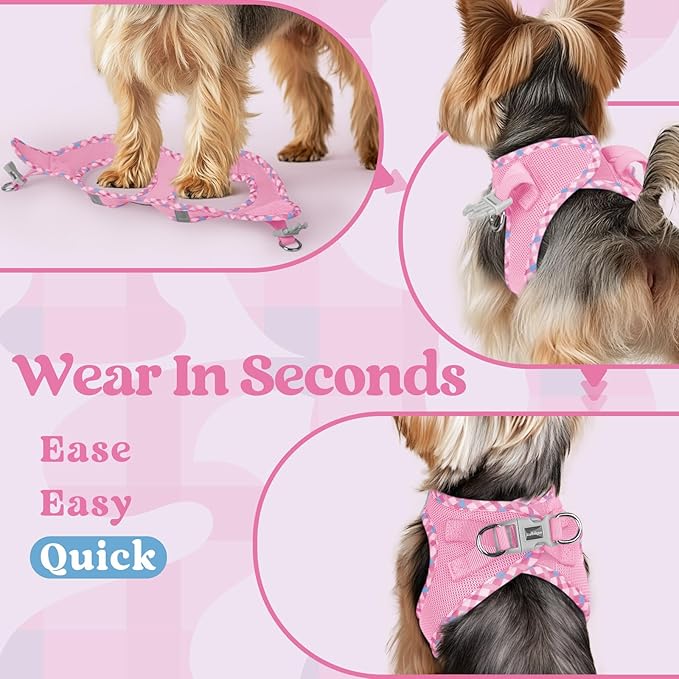 rabbitgoo Small Dog Harness, Step-in Soft Mesh Puppy Vest with Safety Buckle, Breathable Reflective Pet Harness for Extra Small Dogs, Pink & Plaid Trim XXS