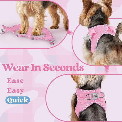 rabbitgoo Small Dog Harness, Step-in Soft Mesh Puppy Vest with Safety Buckle, Breathable Reflective Pet Harness for Extra Small Dogs, Pink & Plaid Trim XXS