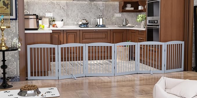 PUPETPO Freestanding Pet Gate for Dogs, Foldable Wooden Dog Gate for House, Extra Wide Indoor Pet Barrier for Stair, Doorway, Hall, Support Feet Included, 120 Inch Wide, 6 Panels 24", Grey