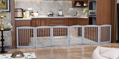 PUPETPO Freestanding Pet Gate for Dogs, Foldable Wooden Dog Gate for House, Extra Wide Indoor Pet Barrier for Stair, Doorway, Hall, Support Feet Included, 120 Inch Wide, 6 Panels 24", Grey