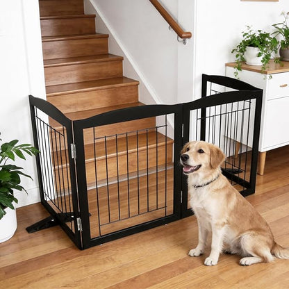 ZJSF Freestanding Dog Fence Indoor, Foldable Dog Gate for Doorways, Stairs or Hallways, Sturdy Wood Extra Wide Pet Gate with Support Feet for The House, Black, 24 "Height-4 Panels