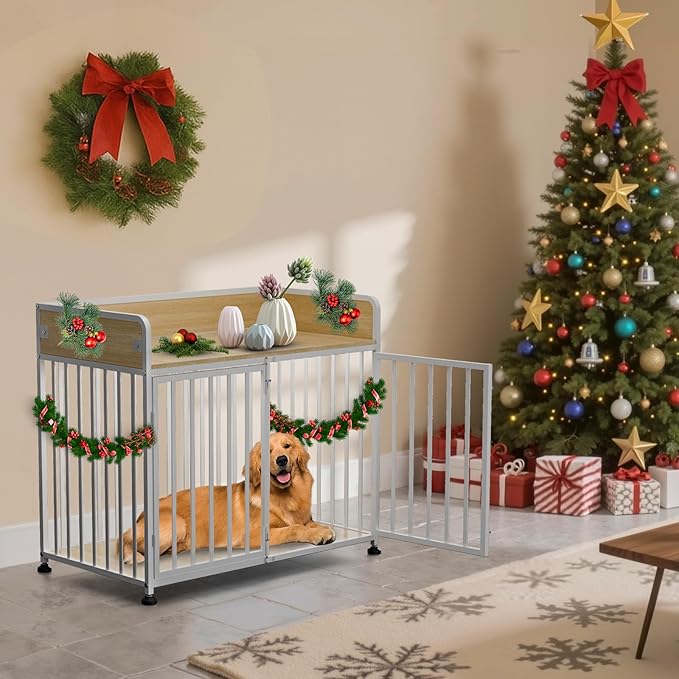 42 in Dog Crate Furniture, Medium Dog Kennel Indoor with 2 Bowls, Wooden Dog Cage Table Decorative for Small Medium Dog, 42" L X 24" W X 36" H