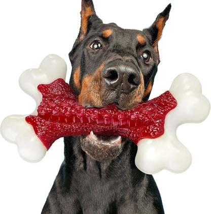 Kseroo Indestructible Dog Toys for Aggressive Chewers: Beef Flavored Hard Nylon Bone Chew Toys, Tough Dog Chew Toys for Large Dogs, Dog Toys to Keep Them Busy for Medium Large Breed (20-80 lbs), Red