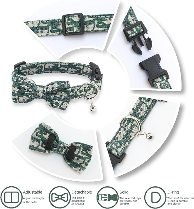 Bowtie Collars for Medium Dogs, Elegant Collars with Leash Set, Dog Collars with Bowtie Adjustable 13.8"-17.7", Green, M