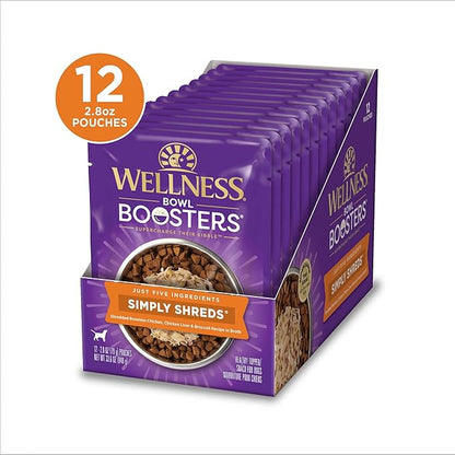 Wellness Bowl Boosters Simply Shreds Wet Dog Food Topper for Small,Medium,& Large Breeds,Grain Free,Natural,Chicken Liver & Broccoli,2.8 Ounce Pouch,(Pack of 24)