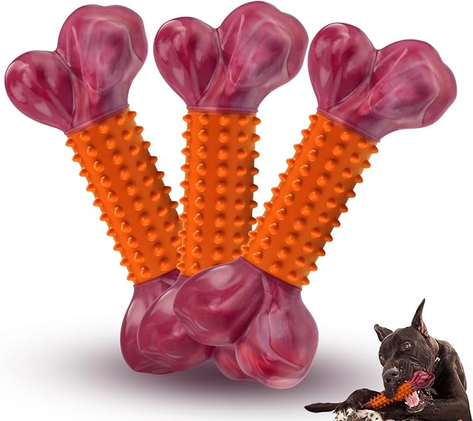 Apasiri 3-Pack Tough Dog Toys for Aggressive Chewers: Peanut Butter Flavored Long Lasting Dog Bones, Heavy Duty Nylon & Rubber Dog Chew Toys to Keep Them Busy, Medium & Large Breed, Orange