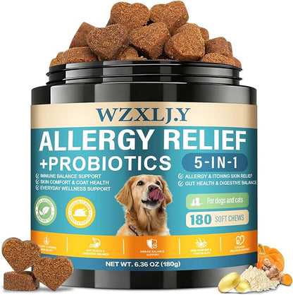 Dog Allergy Chews, Allergy Immune Bites for Dogs, Itching Skin Relief, Itchy Ears, Anti Itch, Paw Licking Treatment, Seasonal Allergies, Dog Probiotics for Digestive Health & Gut Health, 180 Chews