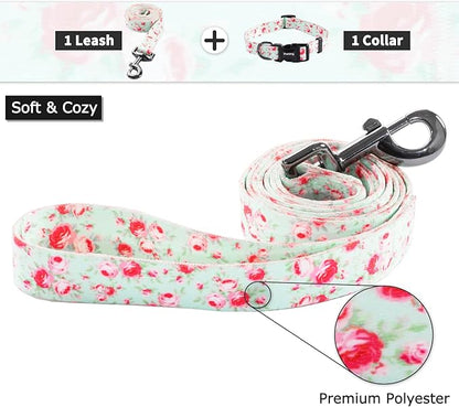 Ihoming Dog Collar and Leash Set for Daily Outdoor Walking Running Training, Floral GreenLake Design for Medium Boys Girls Dogs Cats Pets, M-Up to 45LBS