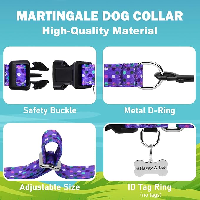 Reflective Martingale Collar for Dogs with Quick Release Buckle Cute No Pull Training Dog Collars (Purple Polka Dot, Small)