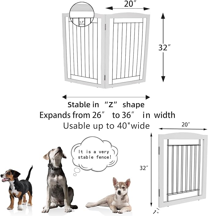 ZJSF Freestanding Foldable Dog Gate - Extra Wide Wooden White Puppy Gate - 2 Panels Pet Fence