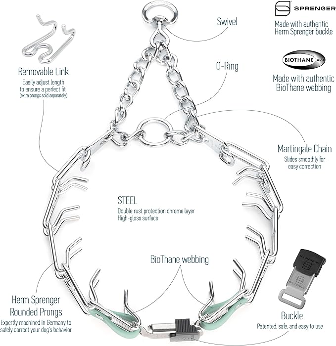 Herm Sprenger Chrome Plated Steel Dog Collar with Quick Release ClicLock Buckle and Biothane Insert Training Collar for Dogs Made in Germany (Sage Green, 25in x 4.0mm(Neck Size up to21-22in))