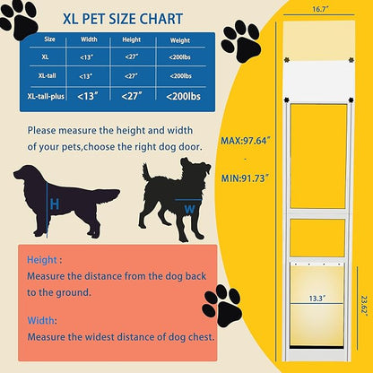 Extra Large Dog Door for Sliding Glass Doors, Adjustable Height 91.73"-97.64",Magnetic Closing Curtain.