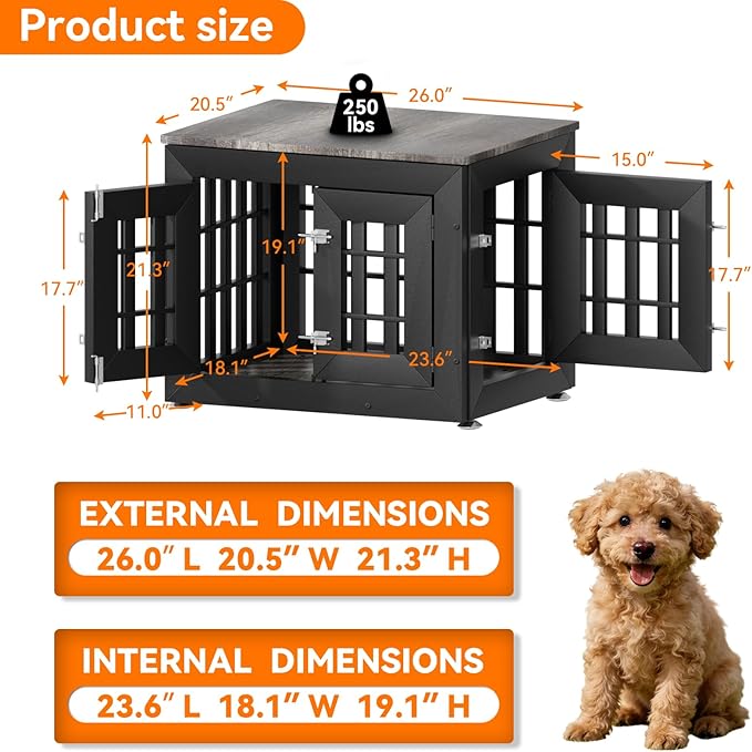 Snuowu 26" Heavy Duty Dog Crate Furniture for Small,Medium and Large Dogs,Rustic Wooden Dog Cage Kennel Indoor Furniture with Waterproof Top,Decorative Pet House Side End Table (Black & Grey)
