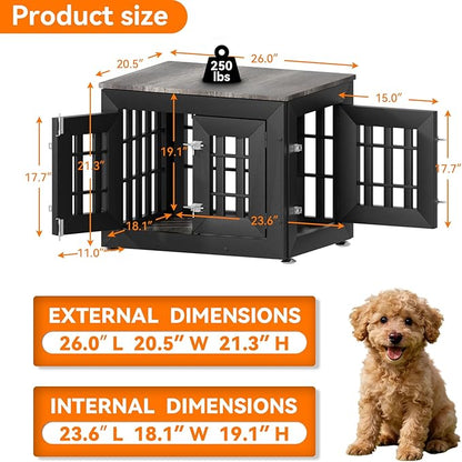 Snuowu 26" Heavy Duty Dog Crate Furniture for Small,Medium and Large Dogs,Rustic Wooden Dog Cage Kennel Indoor Furniture with Waterproof Top,Decorative Pet House Side End Table (Black & Grey)