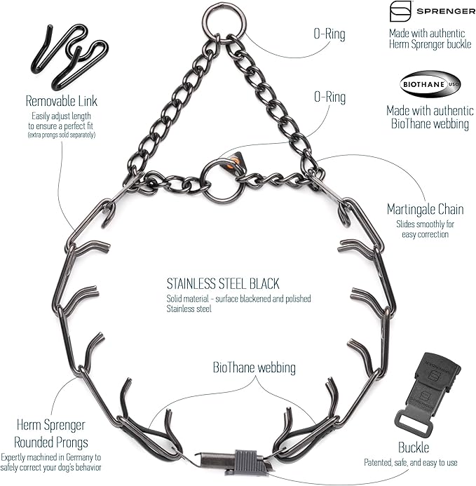 Herm Sprenger Black Stainless Steel Dog Collar with Quick Release ClicLock Buckle O-Ring Biothane Insert Training Collar Made in Germany (Black, 23in x 3.2mm(Neck Size up to19-20in))