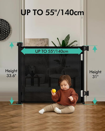 Retractable Baby Gates, Mesh Dog Gate for Doorways, 33.6" Tall, Expands to 55" Wide,Pet Safety Essential Fit for Baseboards, Wide Toddlers Gates for Hallways, Indoor & Outdoor,Black