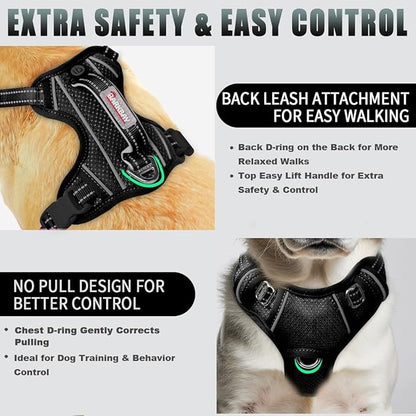 BARKBAY No Pull Dog Harness Large Reflective Dog Harness with Front Clip and Easy Control Handle for Walking Training Running with ID tag Pocket(Black,S)
