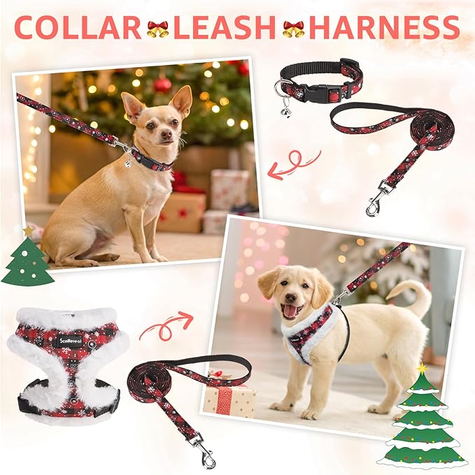 SCENEREAL Dog Christmas Harness Collar and Leash Set, Warm Fleece No Pull Puppy Vest Harnesses No Chock Adjustable Small Pet Halter for Outdoor Walking Training, Black Red Plaid S