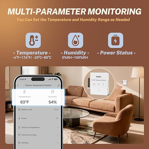 RV Pet Temperature Monitor, Briidea 4G Cellular & Temperature Humidity Sensor, No WiFi Required, 24/7 Remote Monitoring Alerts with App, for Cabin and Warehouse (1 Year Subscription Included)