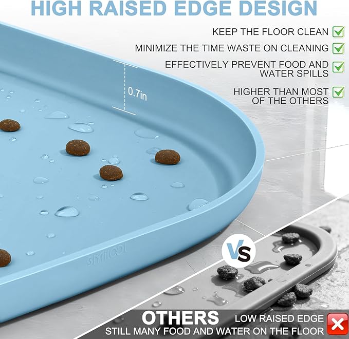 Smilool Silicone Pet Food Mat with Raised Edge for Food and Water Bowl, Dog Feeding Mats, Cat Food Trays for Floor Waterproof, Rubber Tray for Dogs and Cats, 19 x 12 x 0.7 Light Blue