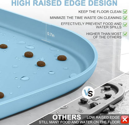 Smilool Silicone Pet Food Mat with Raised Edge for Food and Water Bowl, Dog Feeding Mats, Cat Food Trays for Floor Waterproof, Rubber Tray for Dogs and Cats, 19 x 12 x 0.7 Light Blue