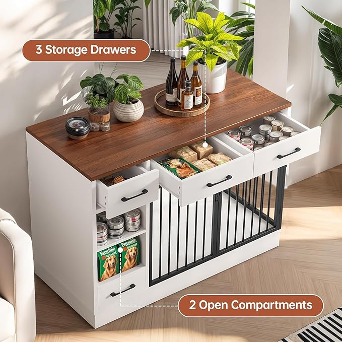 47.2" Dog Crate Furniture with Storage Drawers & Hidden Bowl, Wooden Indoor Kennel with Shelf & 2 Doors, Pet Cage for Small/Medium Dogs