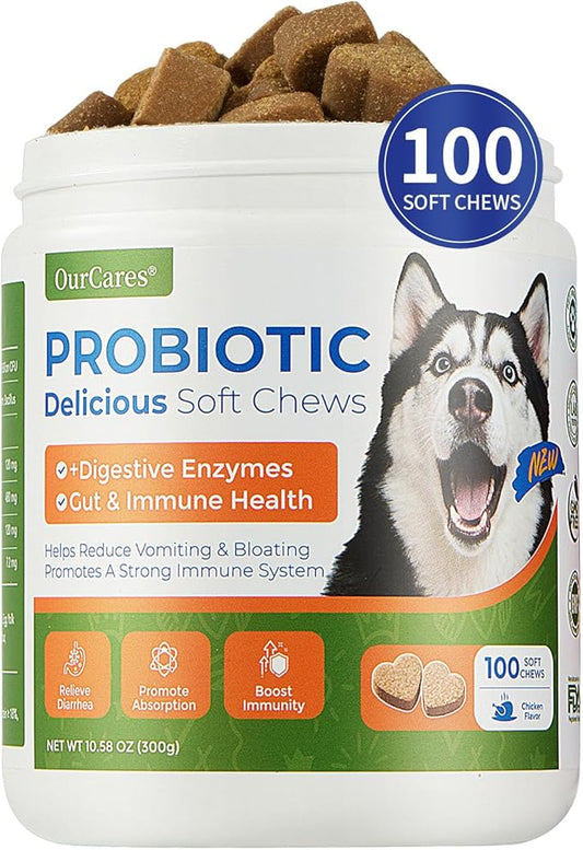 Probiotic Chews for Dogs, Probiotics Soft Chews for Dogs Digestive Health, Daily Probiotics for Dogs with Digestive Enzymes, Dog's Daily Supplement, Dog Food Companion (Chicken Flavor 100Ct)