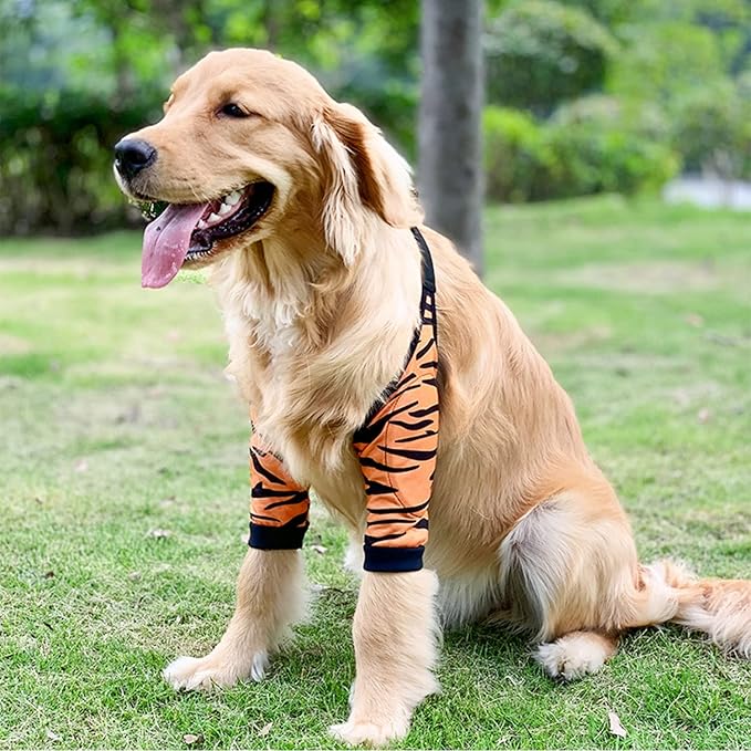 HDKUW Dog Elbow Protector, Dog Front Leg Recovery Sleeve for Prevent Licking Wound, Elbow Sleeves with Mesh Pad for Medium Large Dogs Tiger L