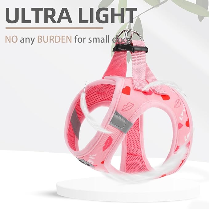 PUPTECK Adjustable Dog Harness Collar and Leash Set Step in No Pull Pet Harness for Small Medium Dogs Puppy and Cats Outdoor Walking Running, Soft Mesh Padded Reflective Vest Pink Red Heart Harnesses