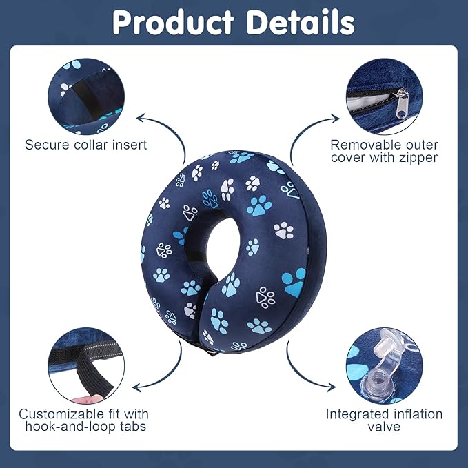 BEAUTYZOO Dog Cone Alternative After Surgery for Large Medium Small Dogs, Soft Inflatable Cone Collar for Dogs Cats, Pet Neck Donut E Collar Dog Recovery Collars to Stop Licking, Navy Blue Paw L