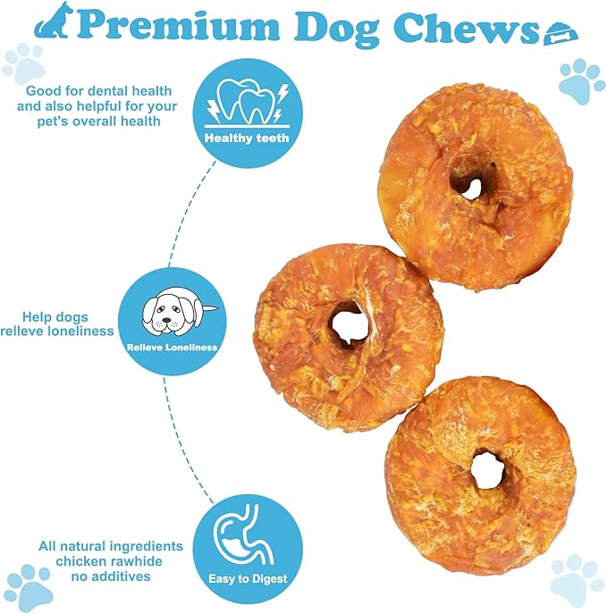 Dog Treats Long Lasting for Large Dog Clean Teeth Chicken Wrapped Rawhide Donuts 0.5lb/227g