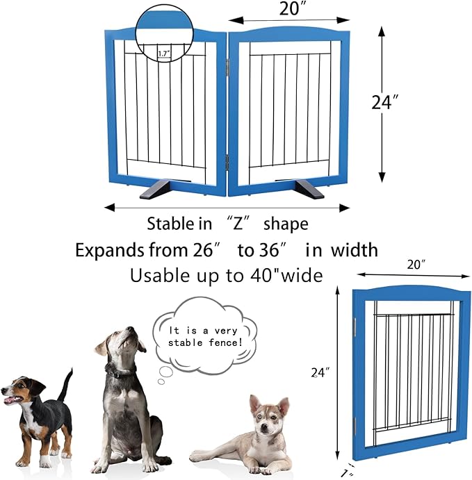 ZJSF Freestanding Dog Fence Indoor, Foldable Dog Gate for Doorways, Stairs or Hallways, Sturdy Wood Extra Wide Pet Gate with Support Feet for The House, Blue, 24 "Height-2 Panels