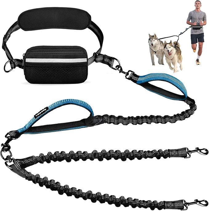 Uppetly Hands Free 2 Dog Running Leash with Waist Belt, Dual Handle Elastic Bungees Retractable Rope for Small and Medium Dogs, Reflective Stitches for Walking Hiking Biking (Small Blue, 8-25lb)