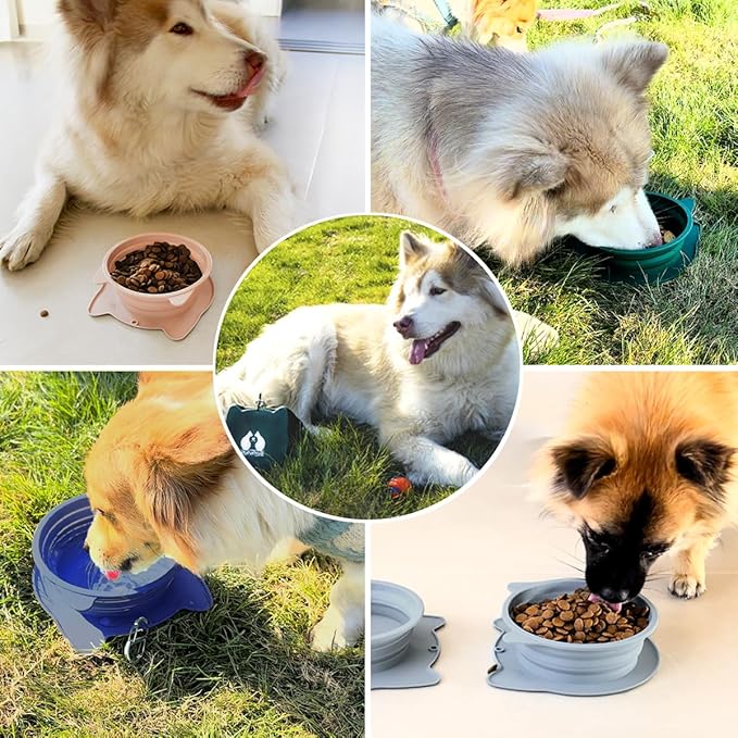 RUNROLE 2-in-1 Collapsible Silicone Dog Travel Bowls, Slot Together and Use Separately, Portable Pet Food Water Bowls, Foldable Cat Feeding Watering Dishes, 20OZ+27OZ(Navy Blue)