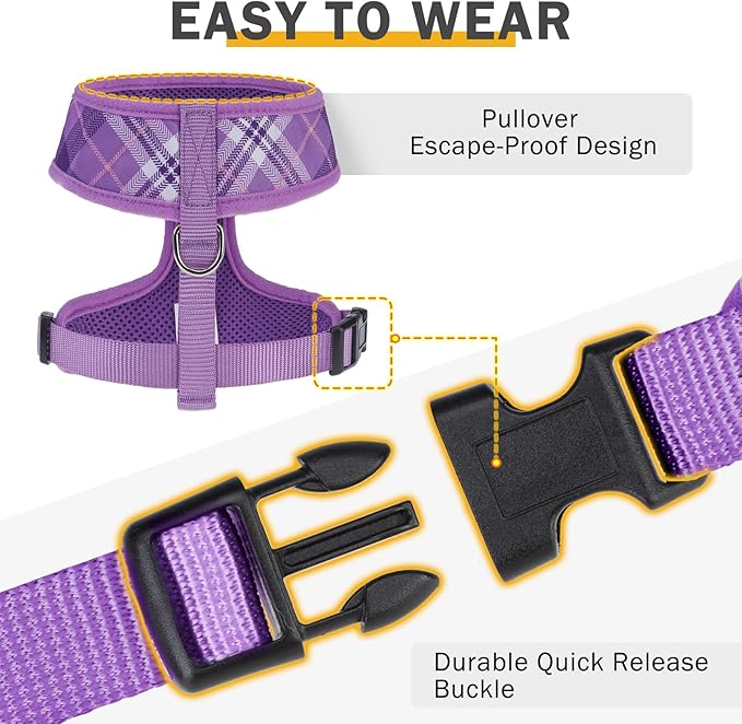 SCENEREAL No Pull Dog Harness Collar and Leash Set Small Medium Sized Dog, Soft Mesh Puppy Harnesses, No Chock Plaid Adjustable Pet Vest for Outdoor Walking Training and Running, Purple XS