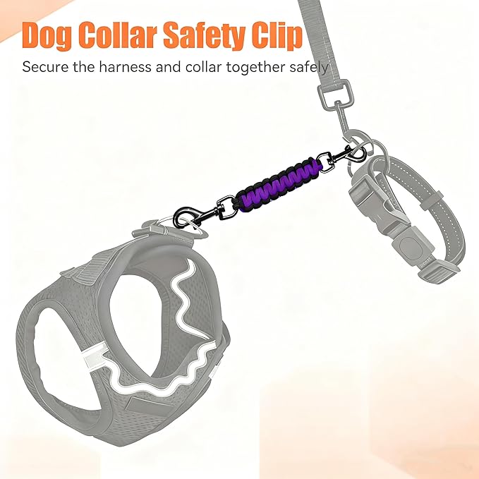Dog Collar Safety Clip, Collar Companion, Handmade Backup Safety Strap, Double-Ended Clip Leash Connector, Suitable for Dog Harnesses, Prong, Pinch Collars (Black Purple + Black Blue, 2 Pack)