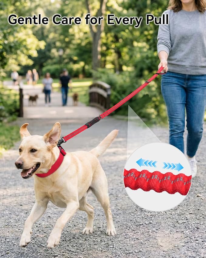 Joytale Tactical Dog Leash Heavy Duty, 4-6FT Shock Absorbing Bungee Lead with 2 Padded Handle, Metal Carabiner Clip, Car Seatbelt, Strong No Pull Leash for Medium Large X-Large Dogs, Red
