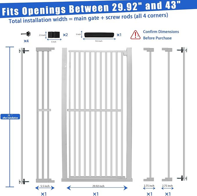 SHYUJAJIE 71 Inch Extra Tall Pet Gate for Cats, 29.5-43" Adjustable Wide Dog Gates, Pressure Mounted Walk Through Tall Cat Gate for Doorways,Hallway,Stairs,House（White）