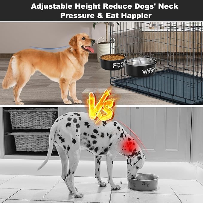 Crate Water Bowl No Spill for Large Dogs, Removable Stainless Steel Dog Bowls for Food and Water, Dog Kennel Hanging Wet and Dry Food Feeder for Medium/Large Pets, (7.1"x2.6" & 6.3"*2.6", Black)