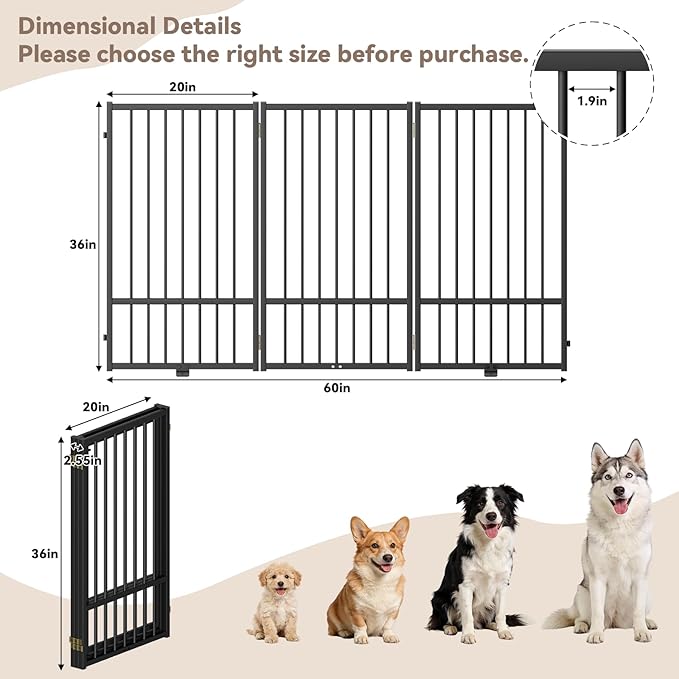 SNUOWU Full Metal Freestanding Dog Gate with Door, 36''Height Foldable Pet Dog Fence for Indoor & Outdoor, 3 Panels Extra Wide Free Standing TallDog Gates for Doorways,House,Stairs,Porch,Deck,Yard