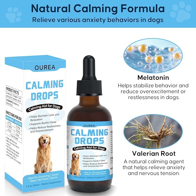 Calming Drops for Dogs with Melatonin – Helps Support Relaxation During Nail Trimming, Grooming, Travel, Vet Visits, Thunder & Fireworks – Natural Soothing Liquid Supplement