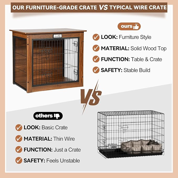 Walnut Dog Crate Furniture with Reversible Side Door, 28inch Wooden Indoor Dog Kennel for Small Medium Dogs, End Table Dog Crate with Double Locks & Steel Mesh, Furniture Style Dog Cage