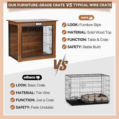 Walnut Dog Crate Furniture with Reversible Side Door, 28inch Wooden Indoor Dog Kennel for Small Medium Dogs, End Table Dog Crate with Double Locks & Steel Mesh, Furniture Style Dog Cage