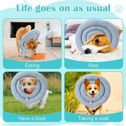 Waterproof Escape-Proof Soft Dog Cones, Adjustable Small Dog Donut Collar with Elastic Neckband, Elizabethan Collar for Dogs, Neck Pillow for Dogs and Cats (Blue-Gray, M)